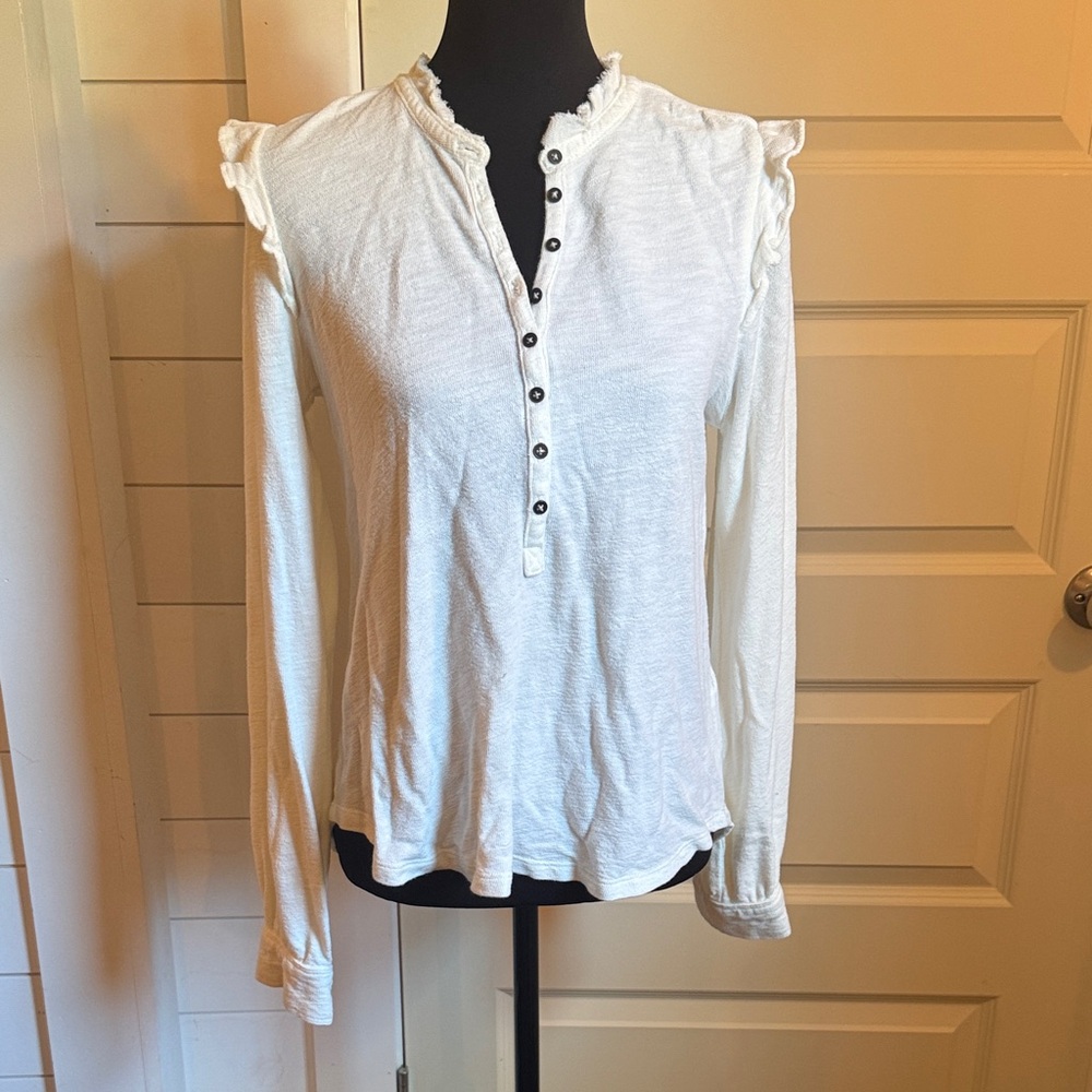 Pilcro cream Ruffled Long-Sleeve Henley Top